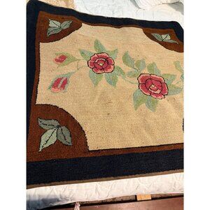 Antique Folk Art Rose Floral hooked rug Wall hanging handmade Early 20th century